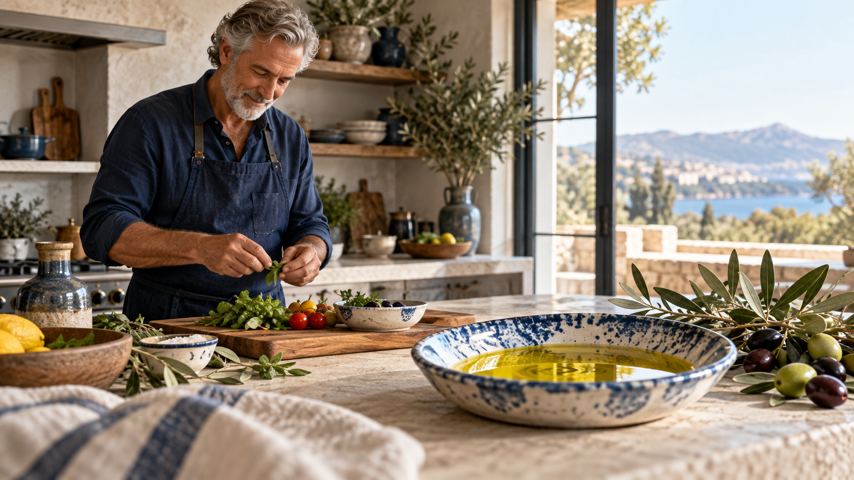 Illustrative kitchen scene with olive oil; not the Olivaro Drops product or a customer testimonial.